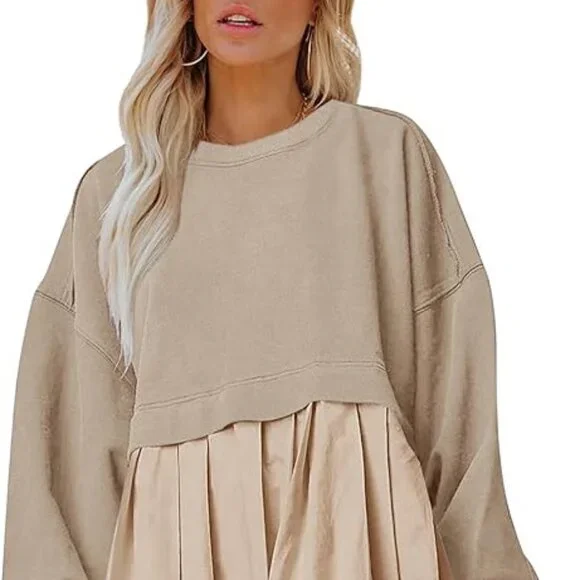 Dokuritu Women's Khaki Patchwork Crew Neck Long Sleeve Sweatshirt Mini Dress XS - Picture 10 of 11